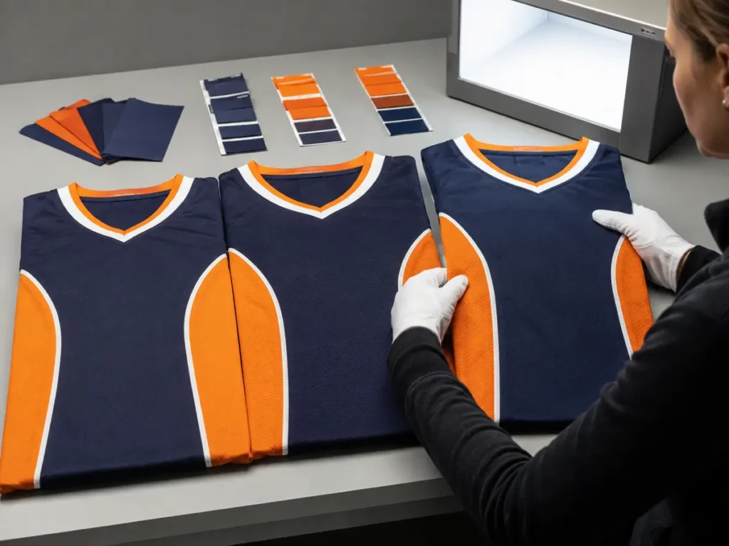 Use the approved physical reference as the production target and treat a worn jersey as a separate visual comparison.