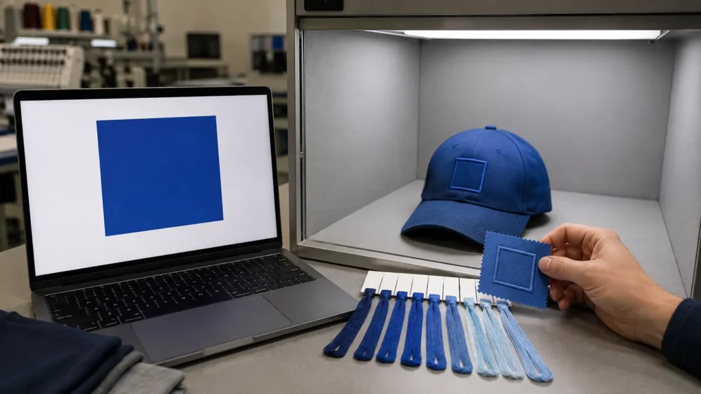 Use the screen for communication and the physical sew-out under controlled lighting for approval.