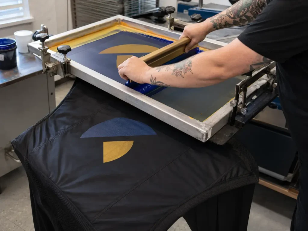 Each color adds a screen and registration step, so a one- or two-color graphic is easier to manage than a complex crest. Review ink compatibility, opacity and curing, and avoid critical lines across zippers, pockets, thick seams or rib panels.