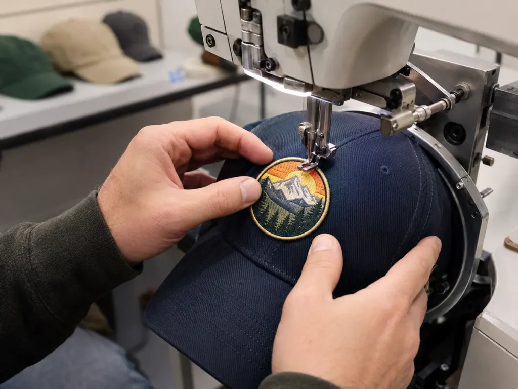Perimeter sewing creates a direct mechanical attachment, but the curved crown must be supported correctly.