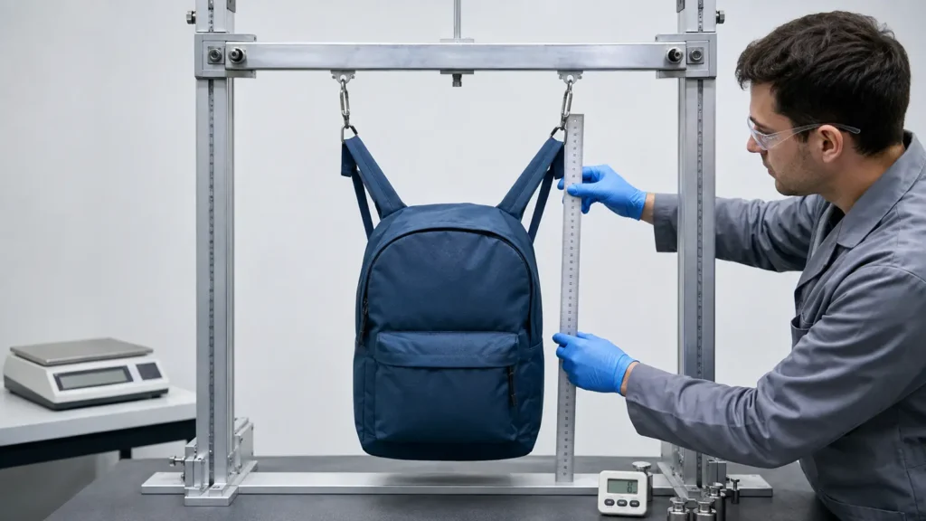 Loaded backpack undergoing a controlled static strap test