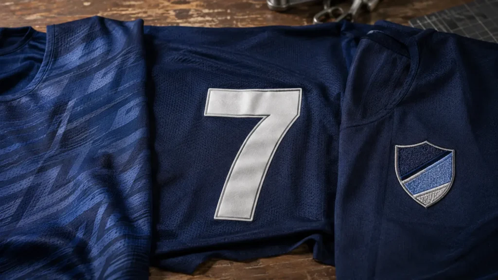 Sublimation, heat-transfer number and embroidered crest on jersey fabrics