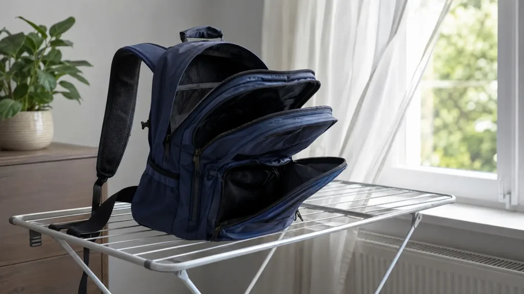Open pockets, reshape the bag, and dry it fully away from direct heat.