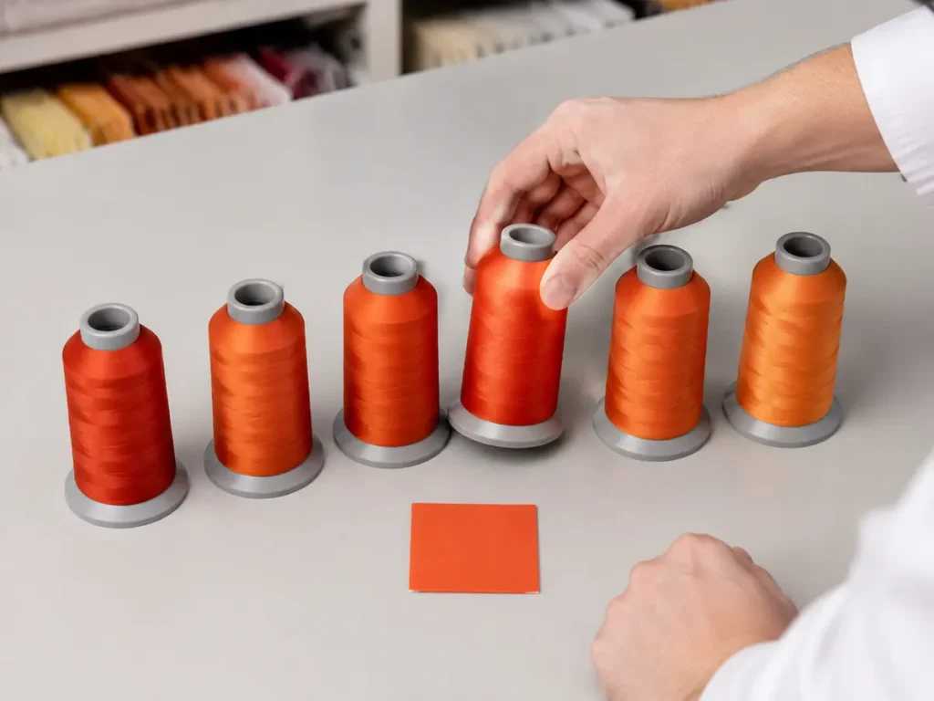 Shortlist close stock shades physically, then compare actual-fabric sew-outs instead of choosing from a screen.