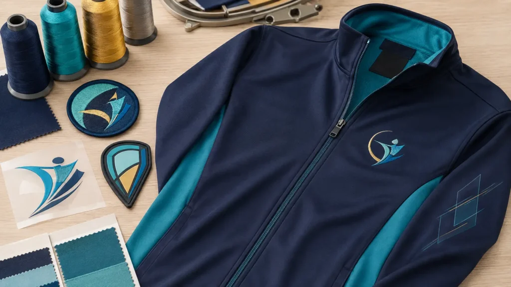 Custom team jacket with embroidery, woven patch, rubber patch and heat-transfer samples