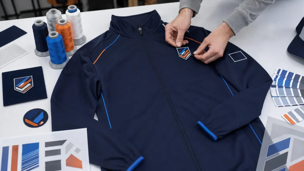 Plan embroidery, patches and heat-applied marks together so the finished jacket remains balanced and wearable.