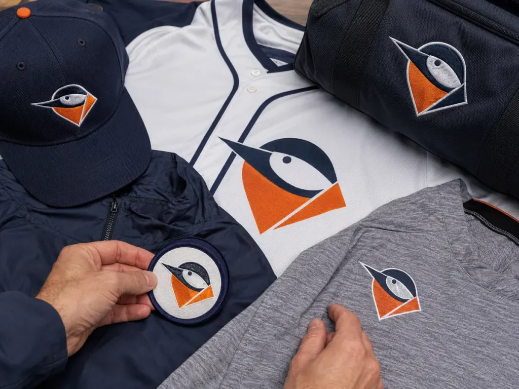The same fictional team identity adapted to sublimation, embroidery, patches, and bag decoration