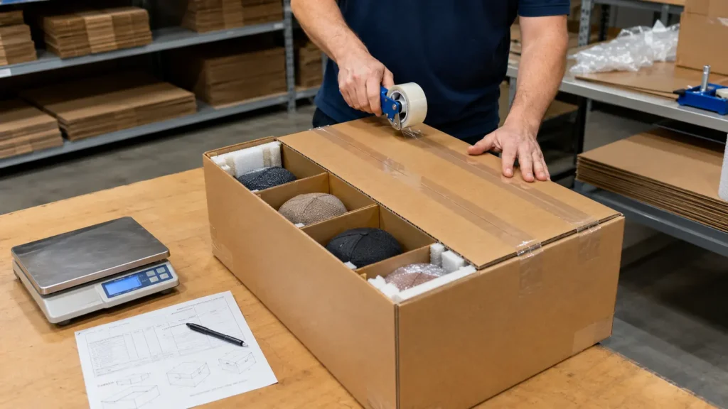 Approve the complete carton: internal restraint, void fill, gross weight, dimensions and closure.