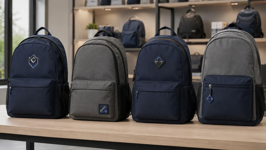 Custom school backpacks with embroidery, woven patch, rubber patch and branded zipper pull options