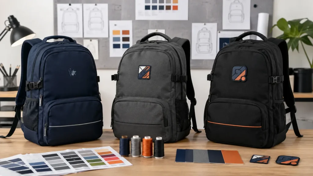 Three custom school backpacks with tonal embroidery, woven patch and rubber-style patch