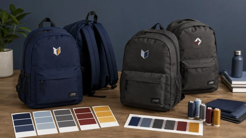 Custom school backpacks with embroidered emblems and color swatches