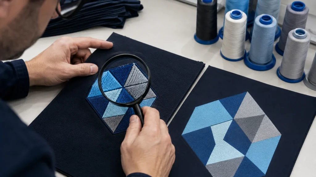 Illustrative decoration comparison. Embroidery and print acceptance should be tied to approved artwork, process settings and product-specific testing.