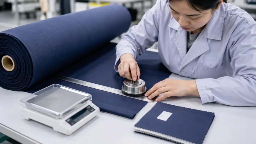Quality-control team measuring fabric GSM and usable width before cutting. Illustrative image—replace with verified JIUMU photography when available.