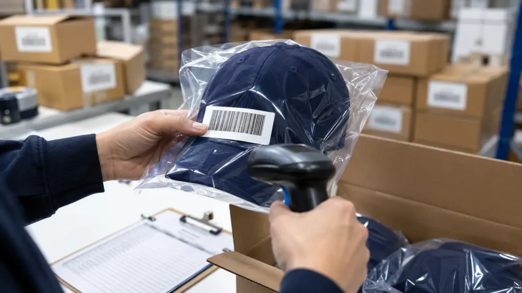 Use the seller’s current label file and scan the finished unit after the label is applied.