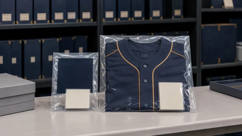 Golden Sample and Golden Fabric Swatch stored together in a controlled apparel sample archive. Illustrative image—replace with verified JIUMU photography when available.