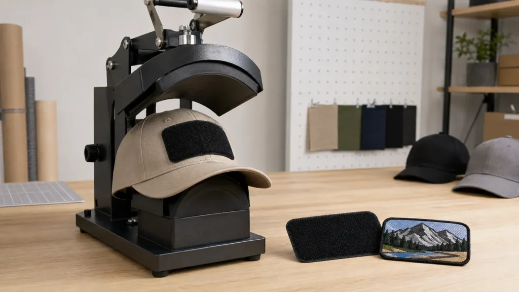 Heat sealing requires compatible materials and controlled pressure; hook-and-loop supports removable branding.