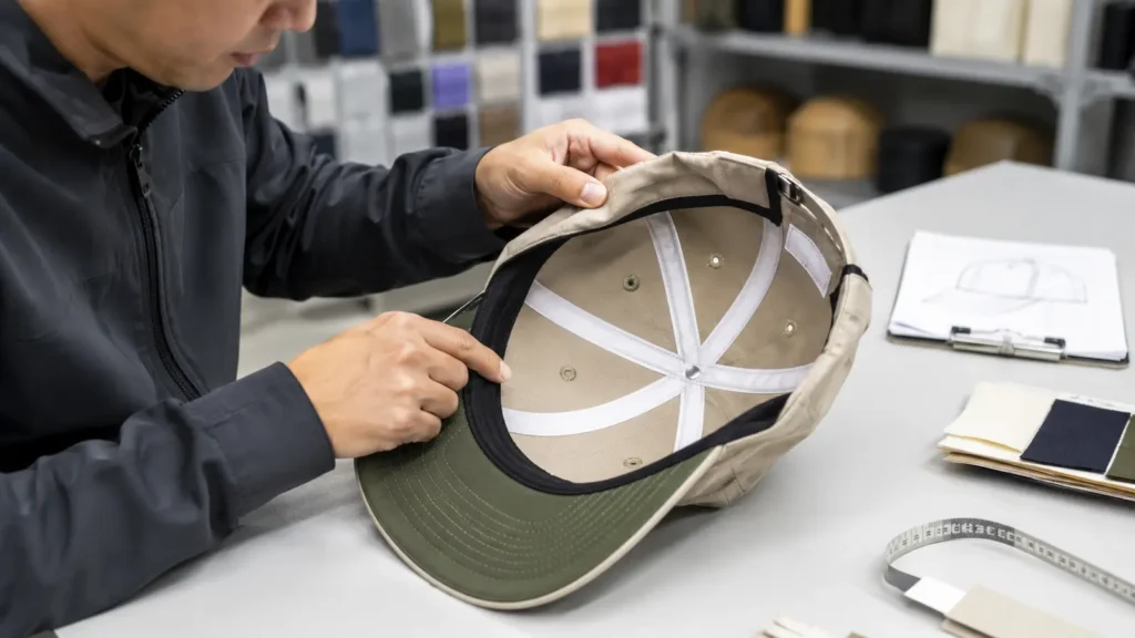 Check the interior as a complete system: sweatband, seam tape, labels, eyelets and thread finishing.