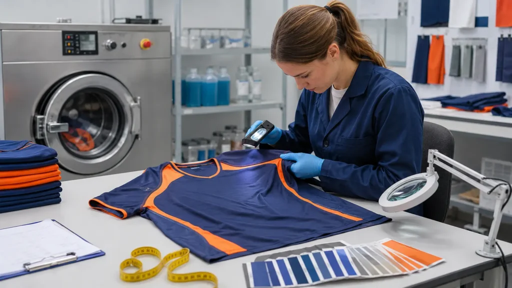 Technician inspecting a jersey after controlled laundering