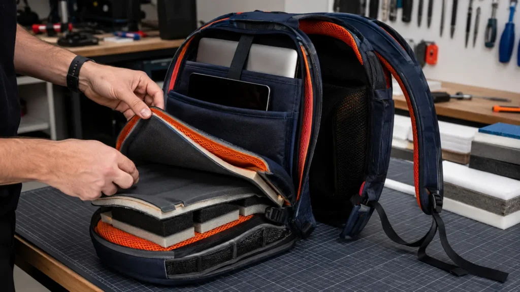 An open backpack showing laptop sleeve, foam layers, back panel, shoulder straps, and reinforcement