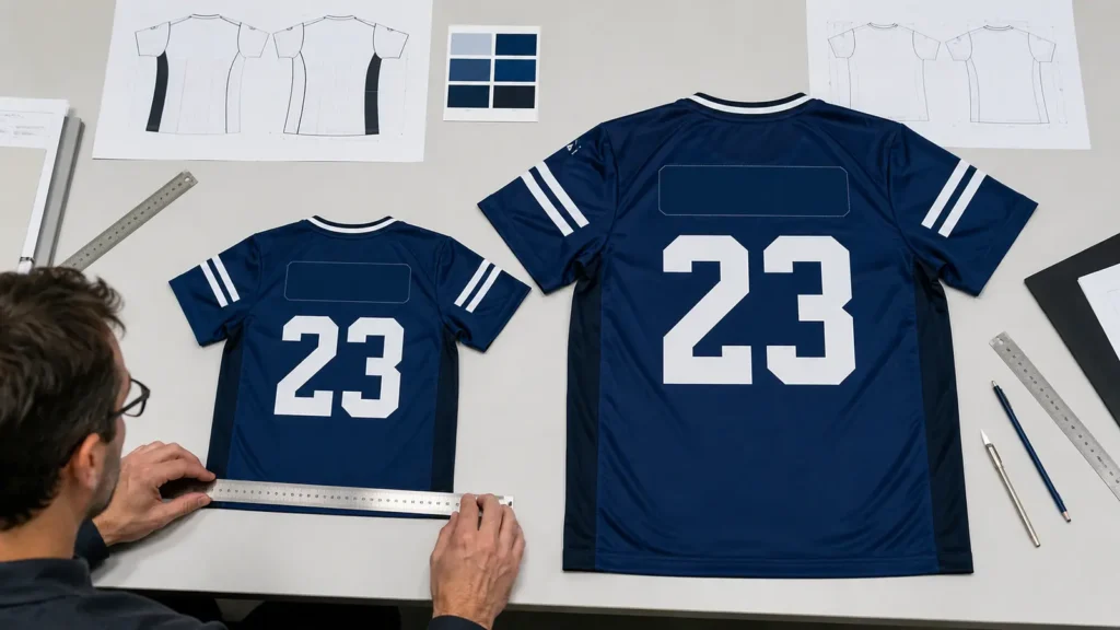 Small and large jerseys need coordinated artwork templates rather than one fixed-size transfer applied everywhere.