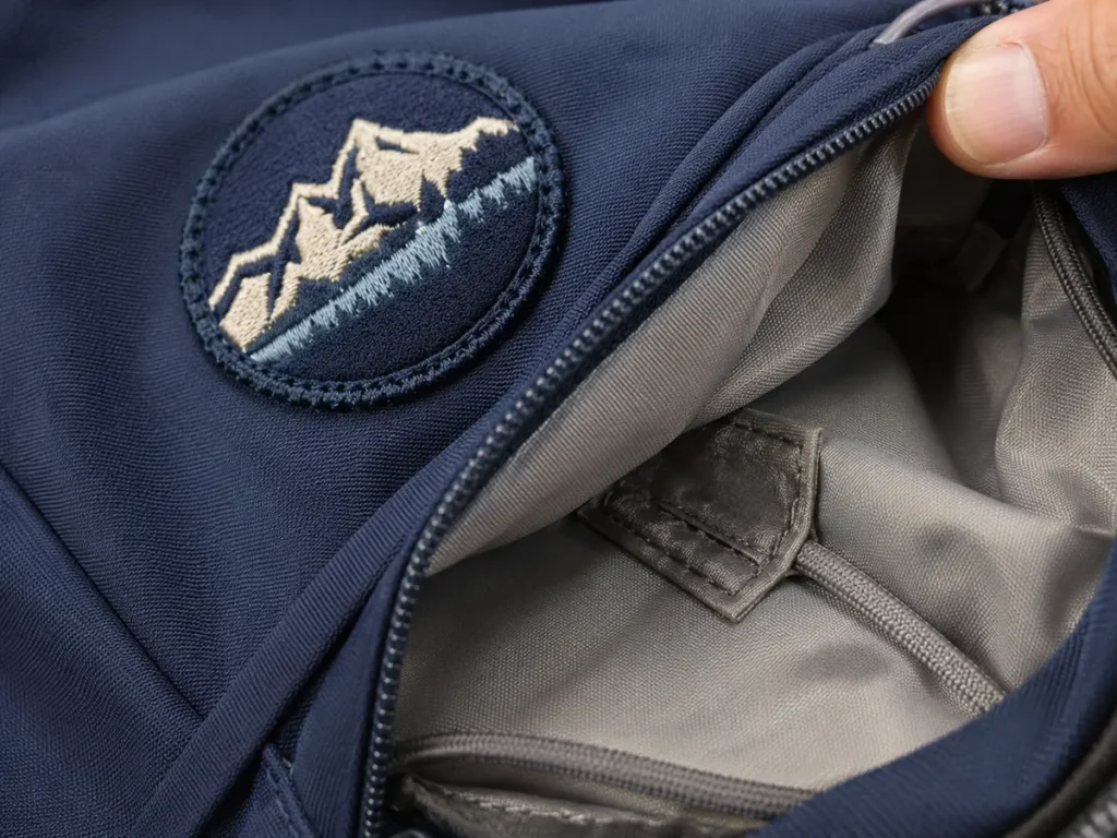 Exterior patch and accessible backpack lining