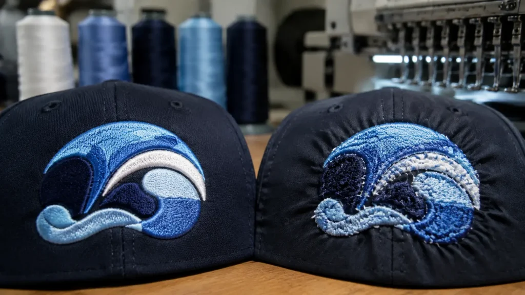 Embroidery samples comparing balanced and excessive stitch density. Illustrative image—replace with verified JIUMU photography when available.