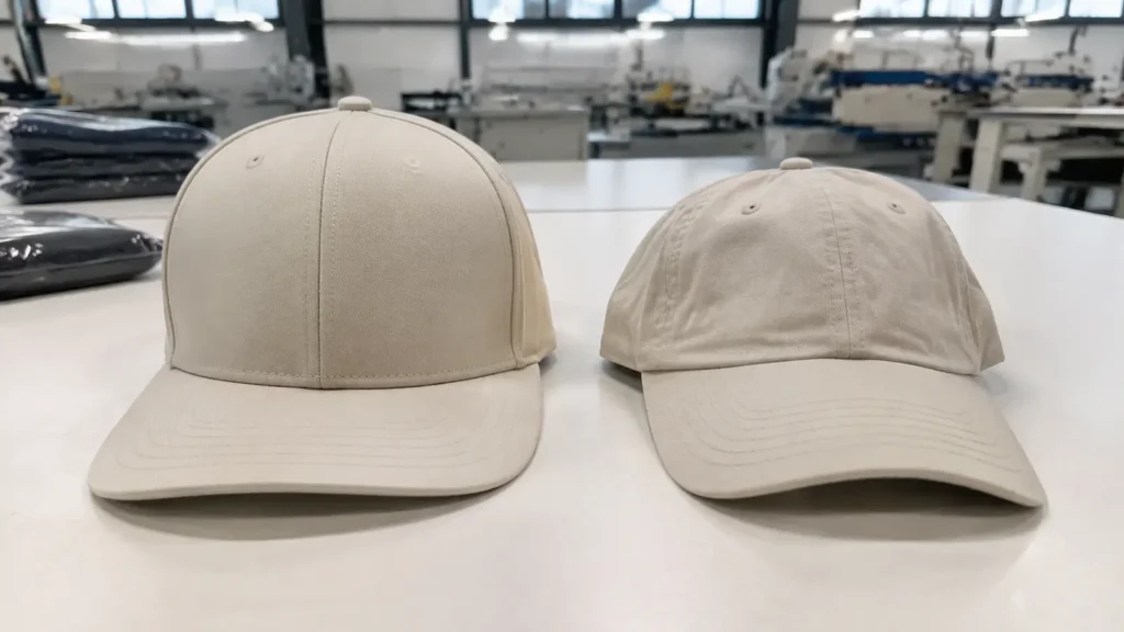 Structured and unstructured cap crowns compared for embroidery support. Illustrative image—replace with verified JIUMU photography when available.