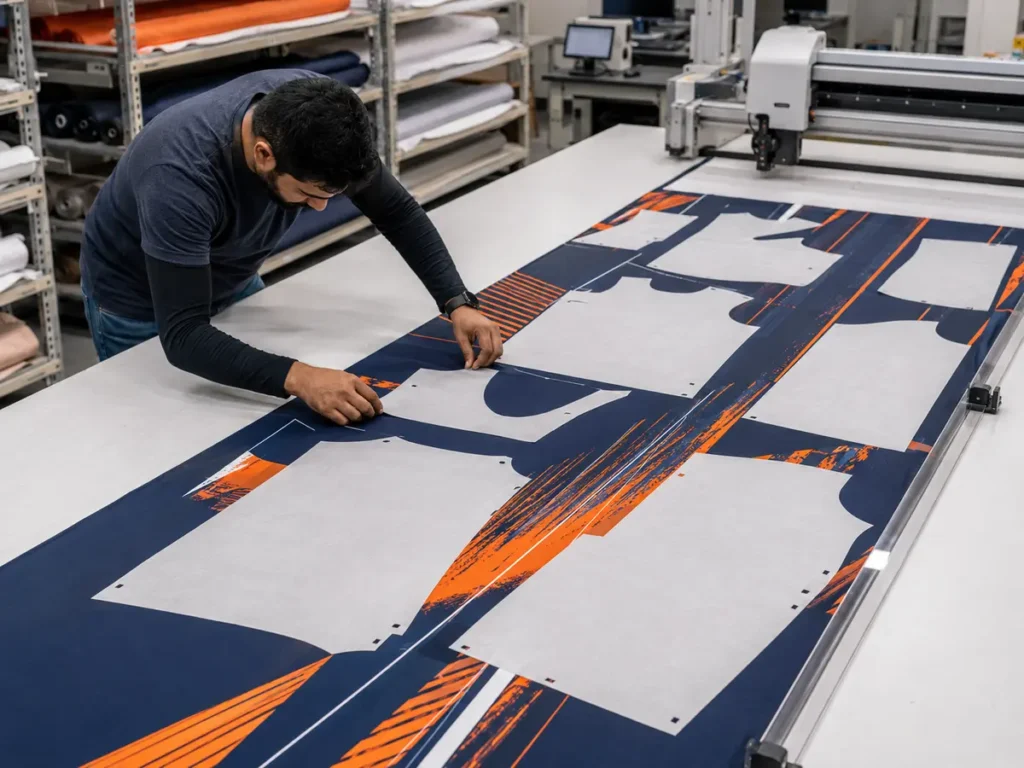 A cutting technician aligning full-size patterns over sublimated fabric