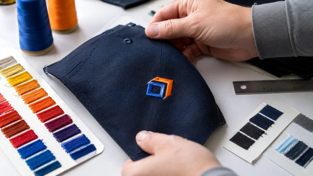 Approve the final-size stitch file on the actual fabric with the intended thread and backing.