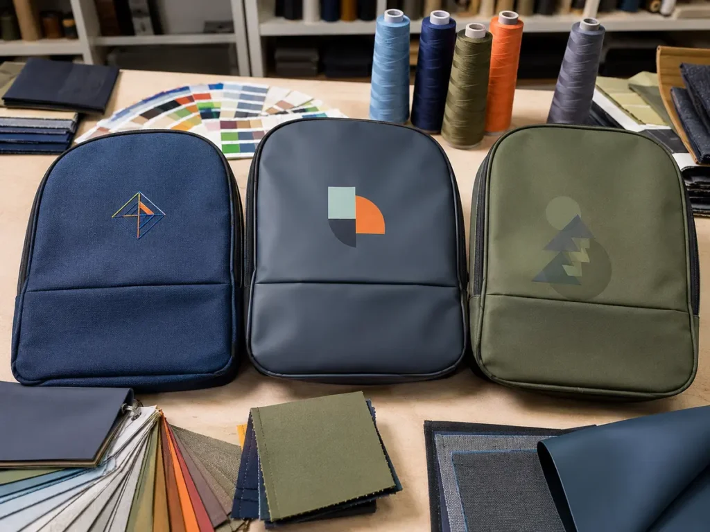 Embroidery, print and heat-transfer samples on backpack panels