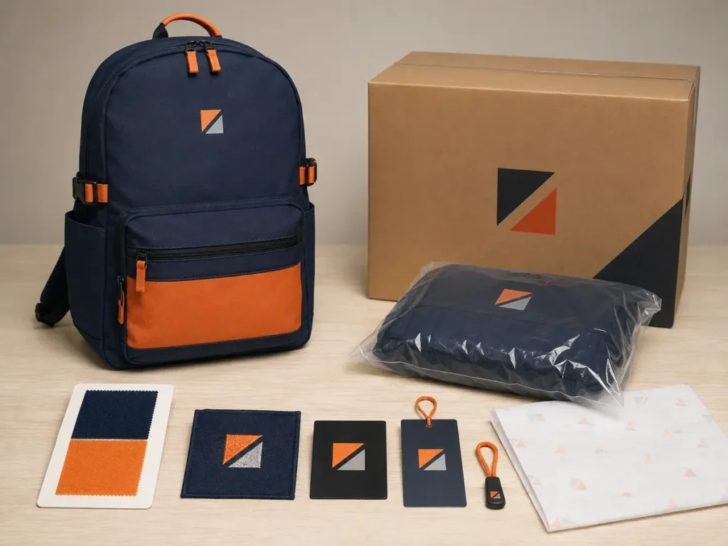 Backpack logo methods, labels, hangtags, packaging, and physical color approval
