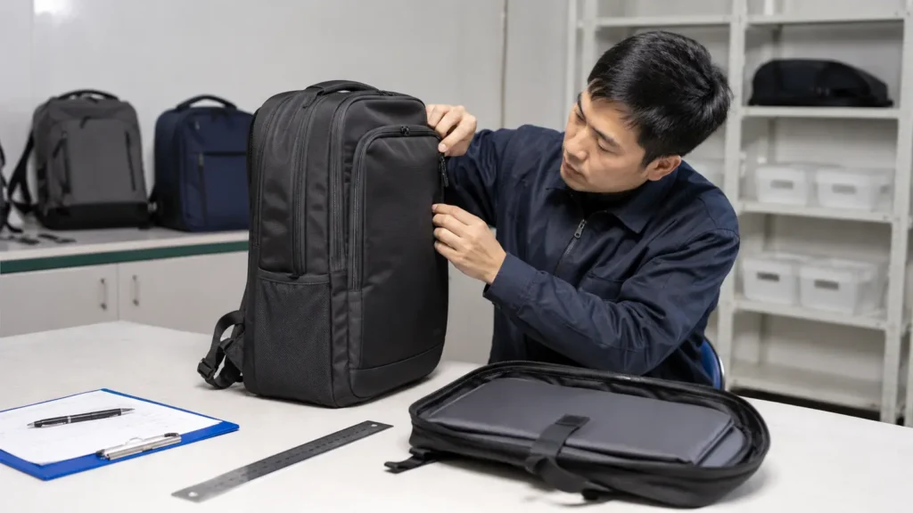 Technician inspecting a backpack sample