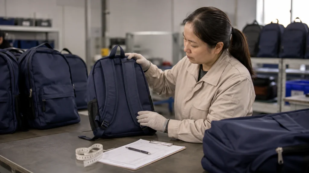 Quality inspector checking school backpack straps, seams and construction during bulk production