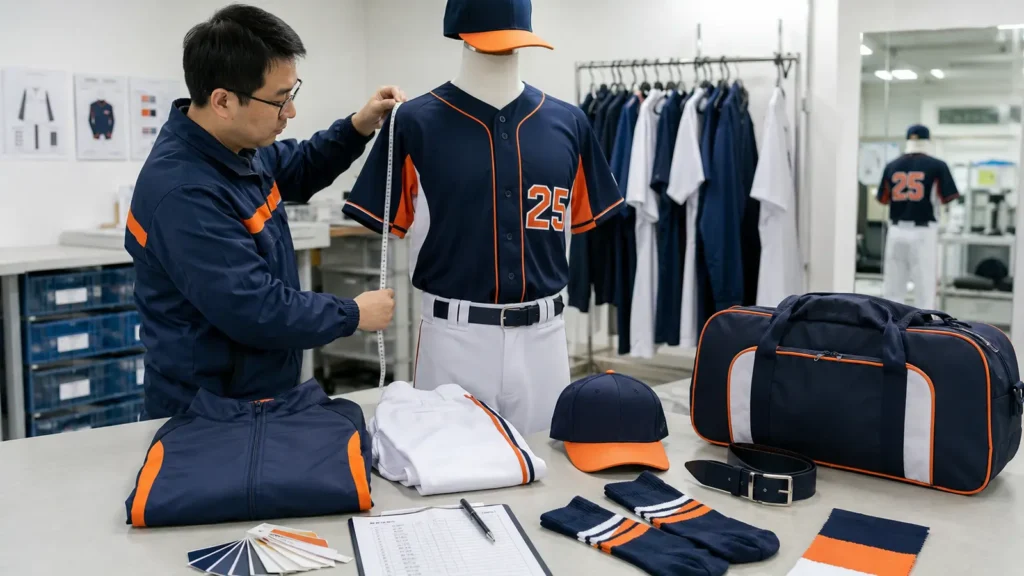 A quality inspector checking a coordinated baseball package against measurements and color references
