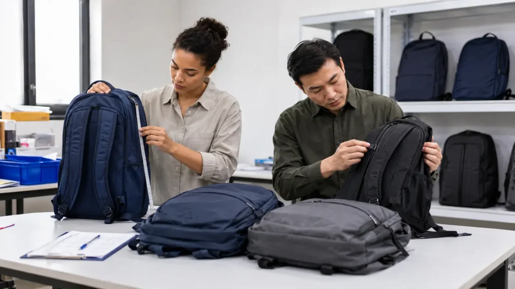 Two inspectors checking dimensions, zippers and consistency across a batch of school backpacks