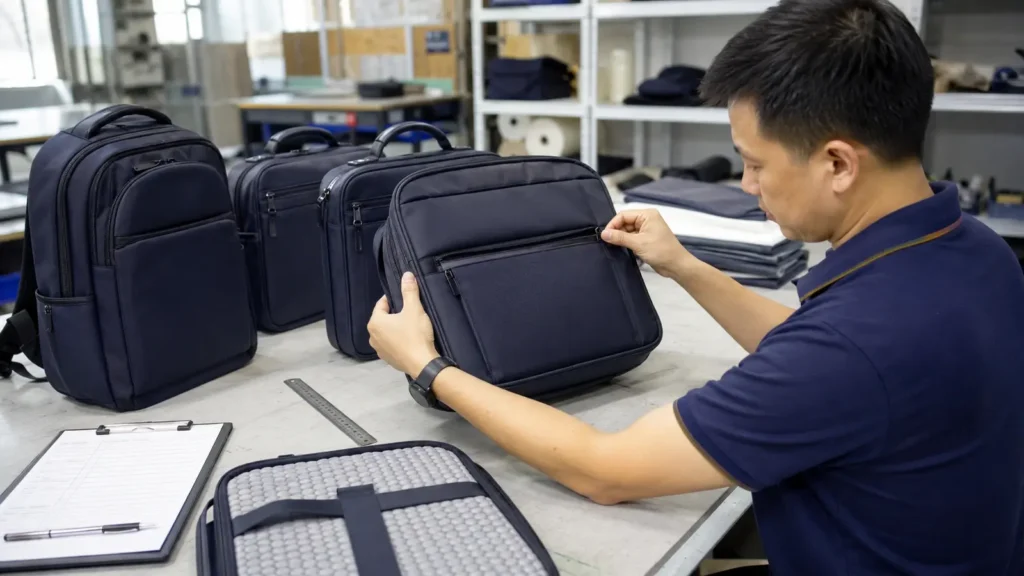 Inspector checking business bag zippers and construction