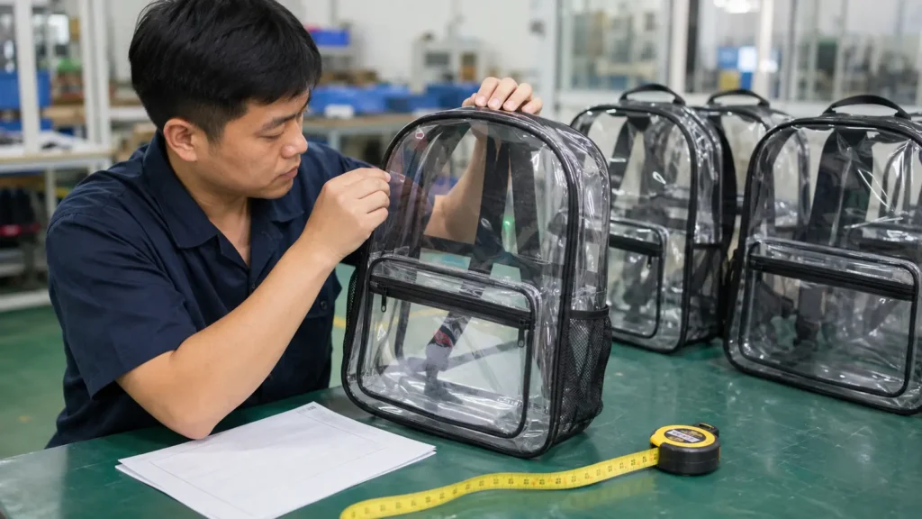 Bulk QC should compare finished bags with the signed sample, approved materials, measurements, artwork, and packing requirements.