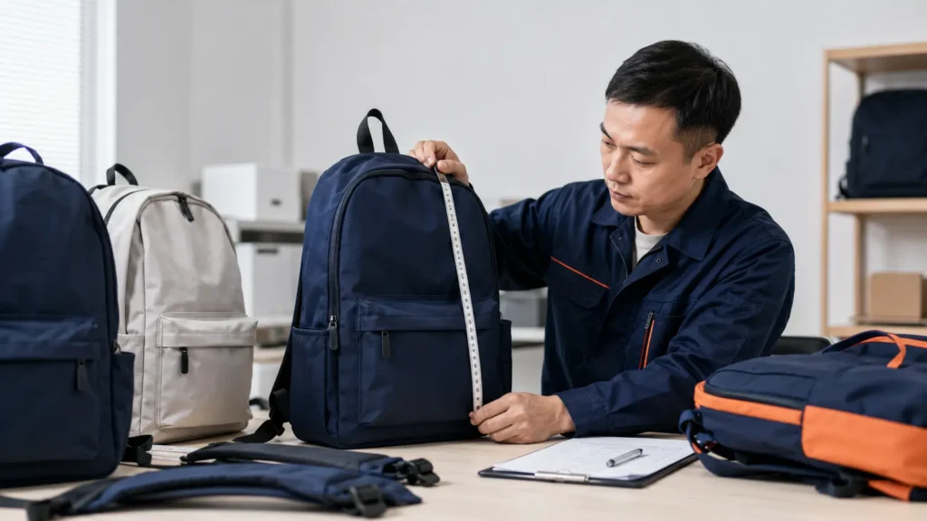 A structured inspection compares materials, dimensions, construction, function, appearance, decoration, and packaging with the approved standard.