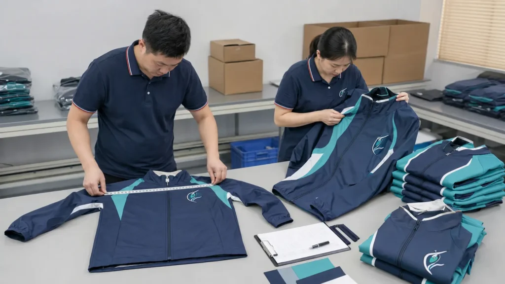 Chinese apparel quality inspectors measuring and comparing bulk team jackets