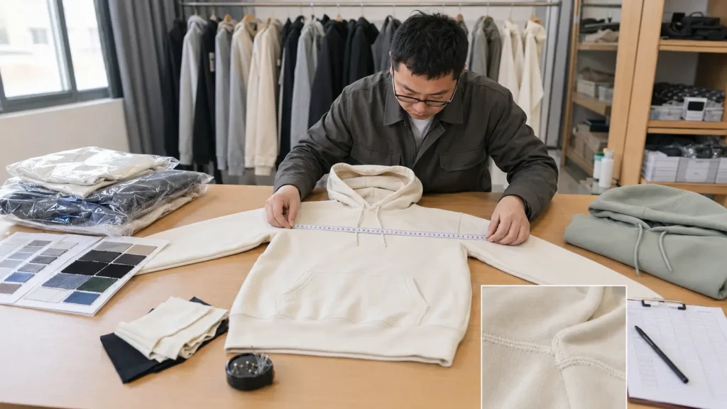 Bulk approval should compare production with a documented sample, measurement chart and artwork record.