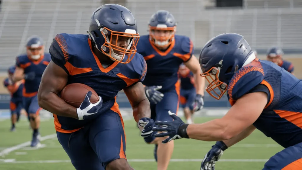 Contact-sport athletes wearing reinforced team jerseys during practice