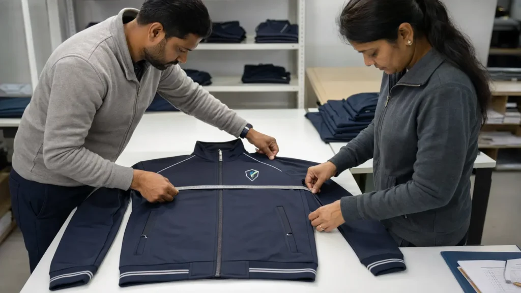 A signed pre-production sample and clear measurement chart create the reference for bulk inspection.
