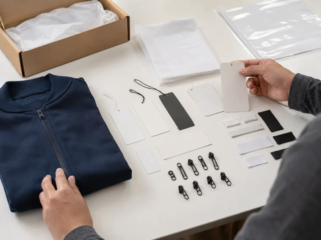 Illustrative trim and packaging planning. Buyers should separate essential compliance information from optional launch-stage branding.