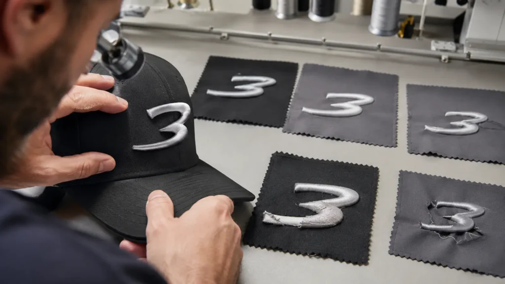 Embroidery sew-out being inspected for foam exposure, puckering and lost detail. Illustrative image—replace with verified JIUMU photography when available.