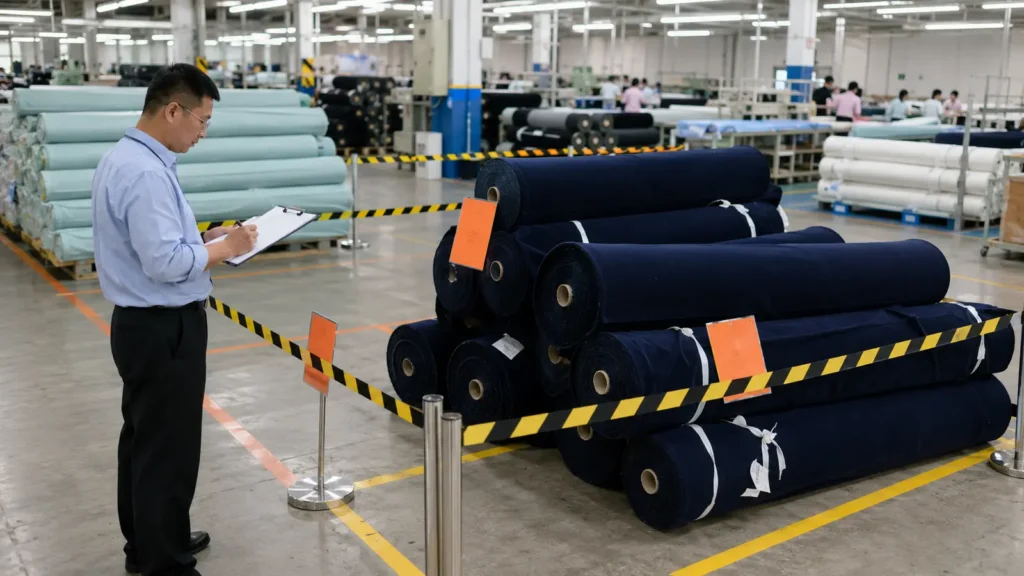 Nonconforming fabric rolls labeled and quarantined pending written disposition. Illustrative image—replace with verified JIUMU photography when available.