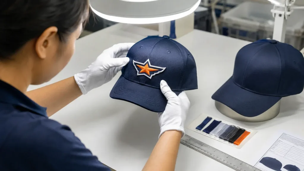 Technician inspecting the first embroidered cap under controlled light