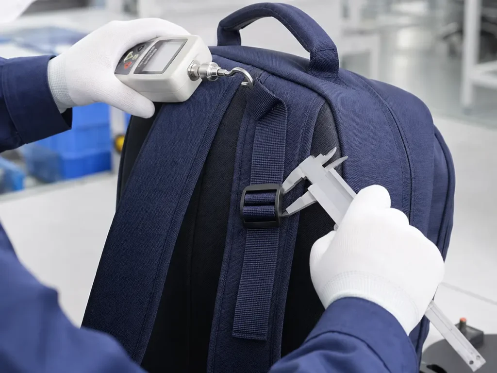 Inspector checking a backpack handle buckle and adjuster