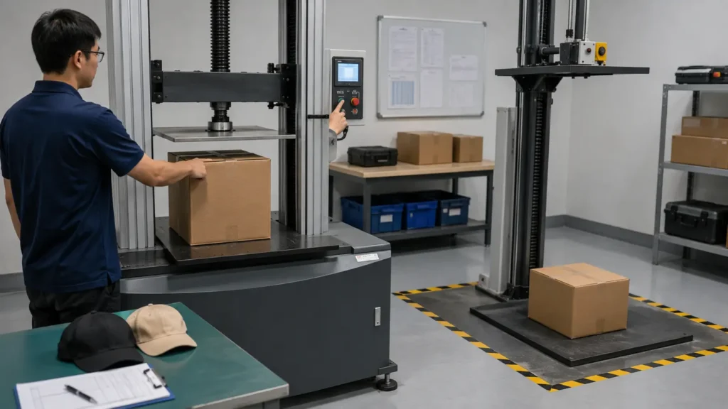 Test the complete packaged product, then inspect caps from the highest-risk positions.