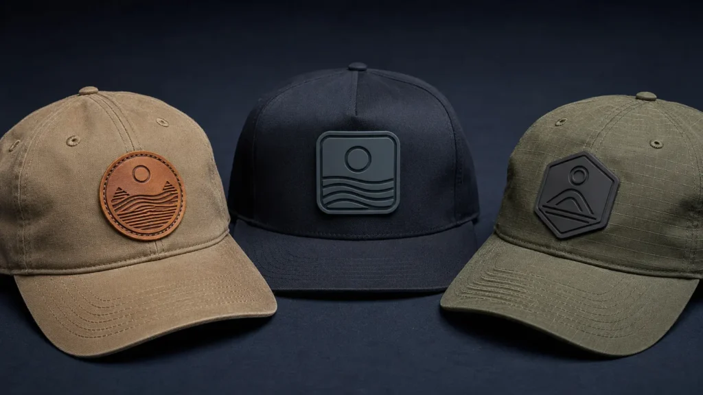 Alternative patch materials shift the design from textile texture toward etched or molded branding.