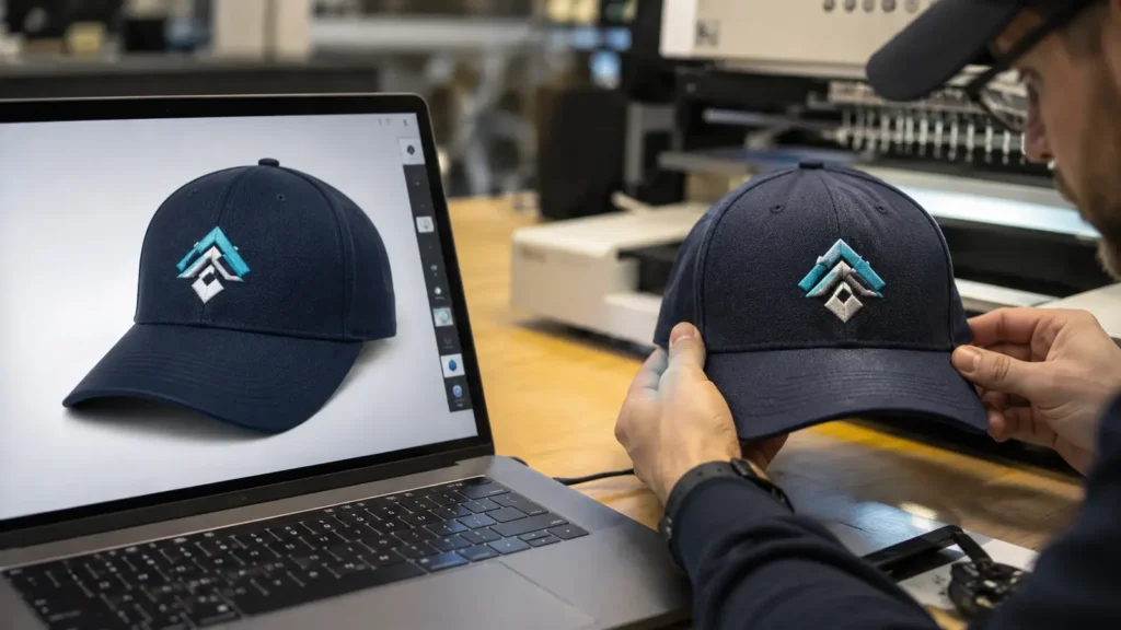 Digital cap mockup compared with a physical embroidery sew-out. Illustrative image—replace with verified JIUMU photography when available.
